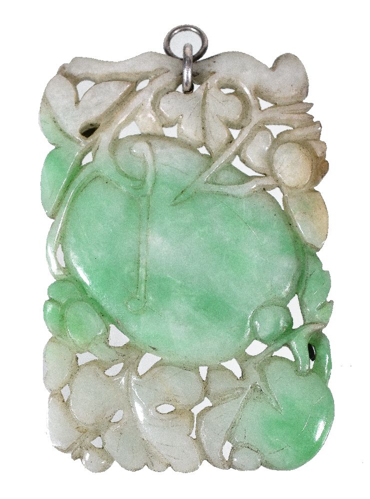 A Chinese 'melon' jadeite pendant, late Qing or Republican period, the fruits with bright green