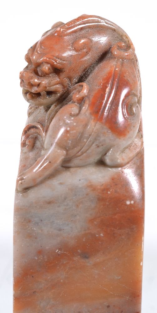 A pair of Chinese Shoushan soapstone seals, Qing Dynasty, late 19th century, the mottled veined - Image 3 of 4