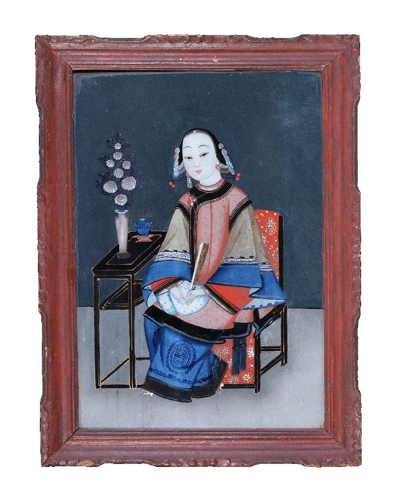 A pair Chinese Export mirror paintings, Qing Dynasty, 19th century, one of a female scribe with - Bild 3 aus 8