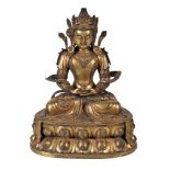 A large Sino-Tibetan gilt-bronze figure of Amitayus, cast seated in dhyanasana on a tall double-