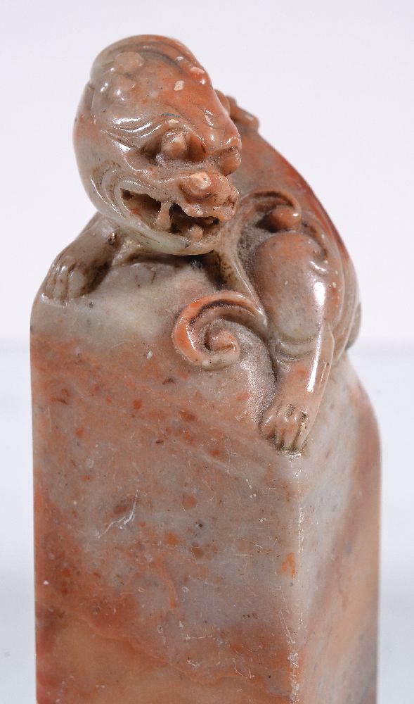 A pair of Chinese Shoushan soapstone seals, Qing Dynasty, late 19th century, the mottled veined - Image 2 of 4