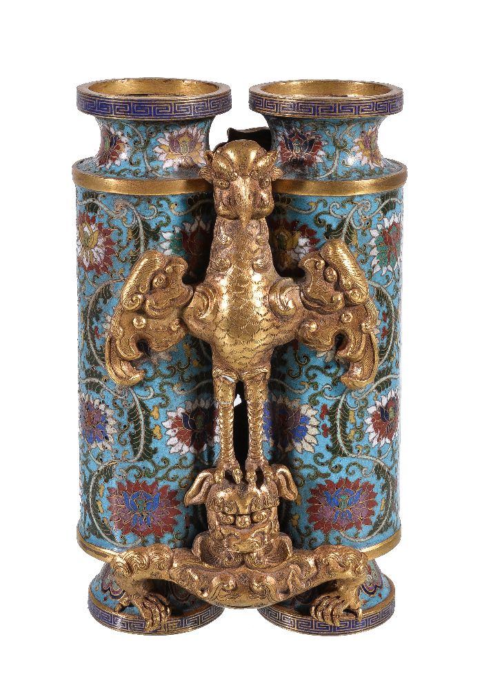 A Chinese cloisonné enamel and gilt-bronze 'Champion' vase, comprised of two cylindrical vases - Bild 2 aus 4