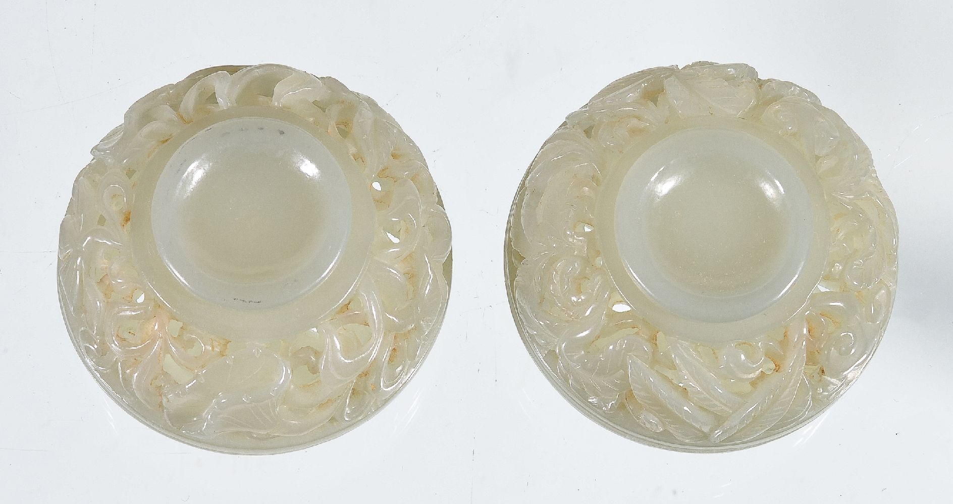 A pair of Chinese pale celadon pierced 'goose and lotus' circular boxes and covers, 5.2cm - Image 4 of 5