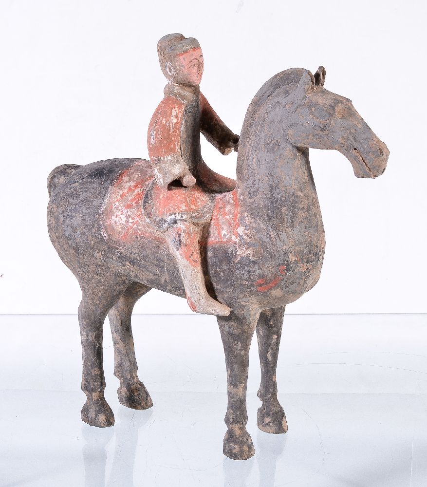 Six Chinese painted grey pottery Equestrian groups, Han Dynasty, standing four square with heads - Image 3 of 5