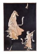 Y A Pair of Japanese black lacquer panels, each of rectangular forj within a wood surround,