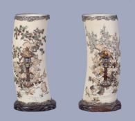 Y A pair of Shibayama decorated tusk vases, each inlaid in typical manner with scenes of birds