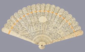Y A Chinese ivory brise fan, Canton, first quarter of the 19th century, with blank oval reserve,
