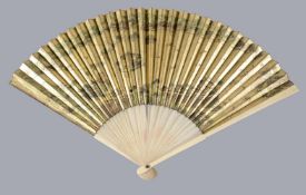 Y A Chinese painted gold-ground fan, depicting the West Lake in Hangzhou, late Qing Dynasty, by the