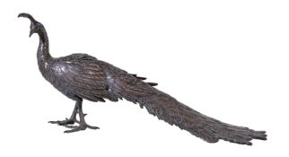 A Japanese bronze figure of a Peacock, Meiji Period, the bird stands with its head turned to its