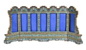 A large Chinese cloisonné table screen, 20th century, with eight window frame panels, the sides