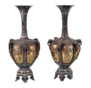 A pair of silver and lacquer vases, the body of each of a loved, ovoid form mounted with elephant-