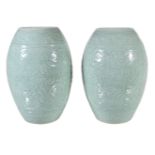 A large pair of Chinese celadon vases, Qing Dynasty, of tapering cylindrical form carved and moulded