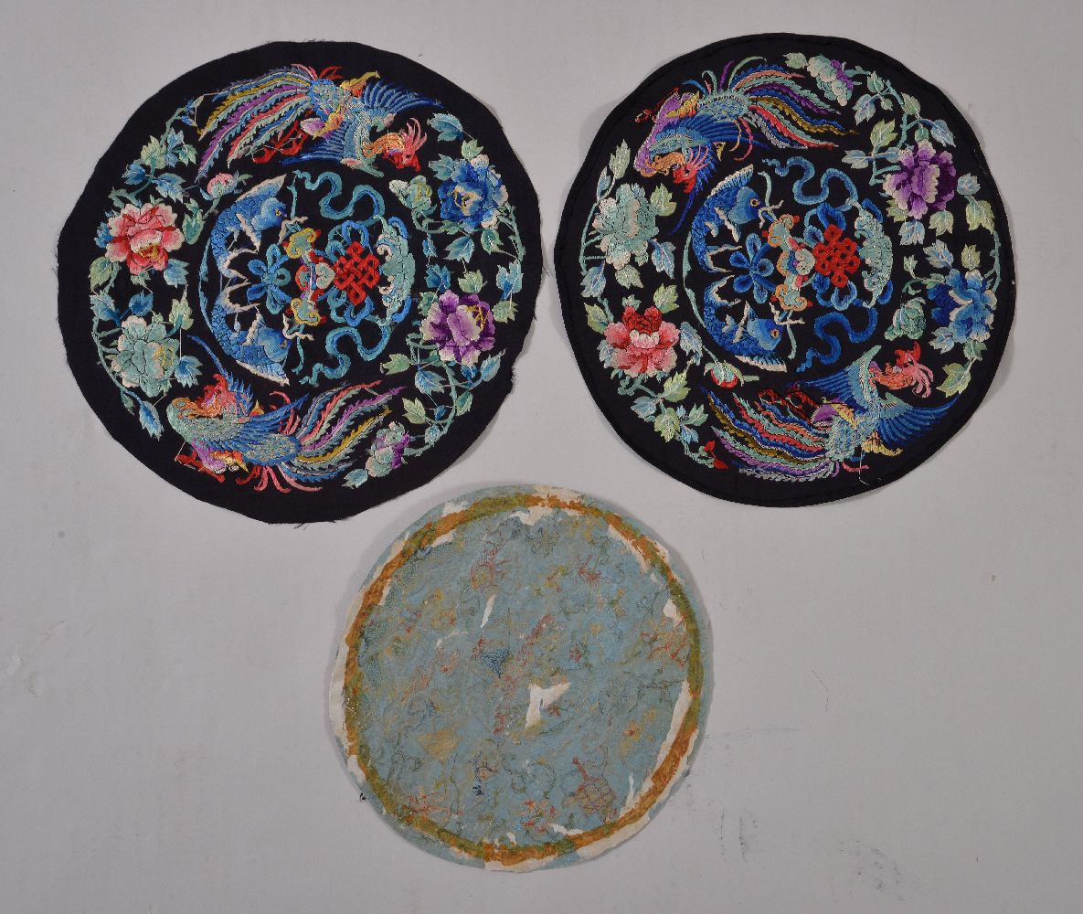 Three Chinese embroidered roundels, Qing Dynasty, one small blue example, 18th century, - Image 4 of 4