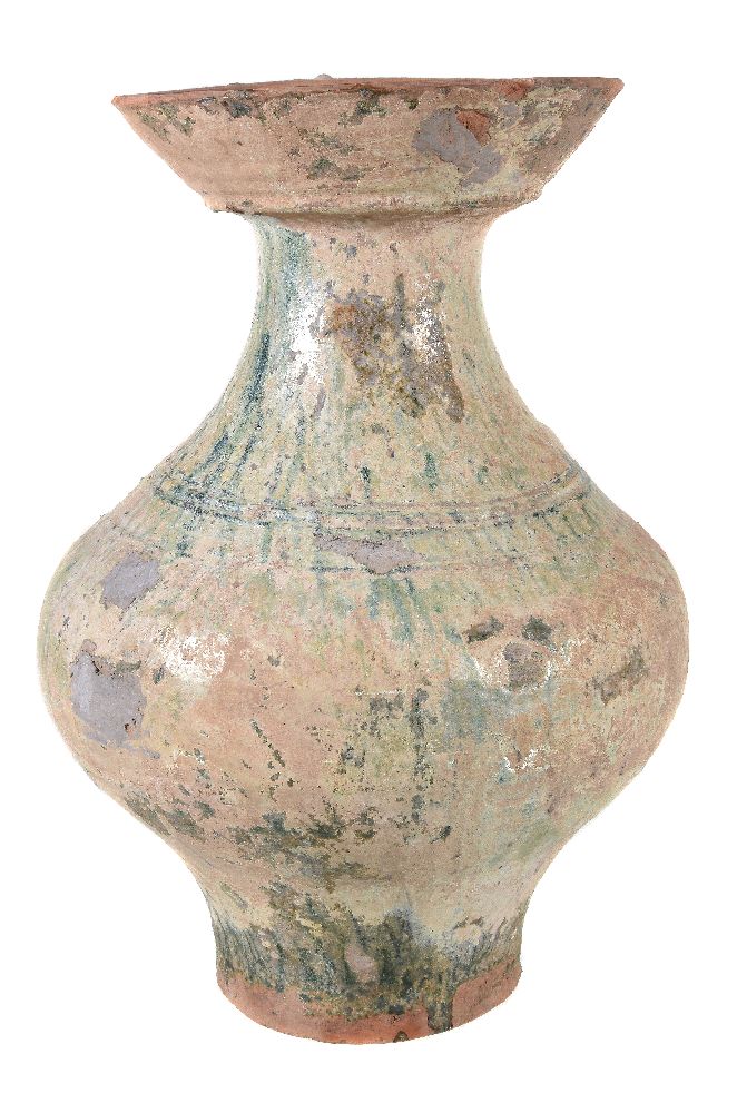 A Chinese green glazed pottery vase, hu, Han Dynasty (206BC-AD220), the baluster body incised with - Image 2 of 3