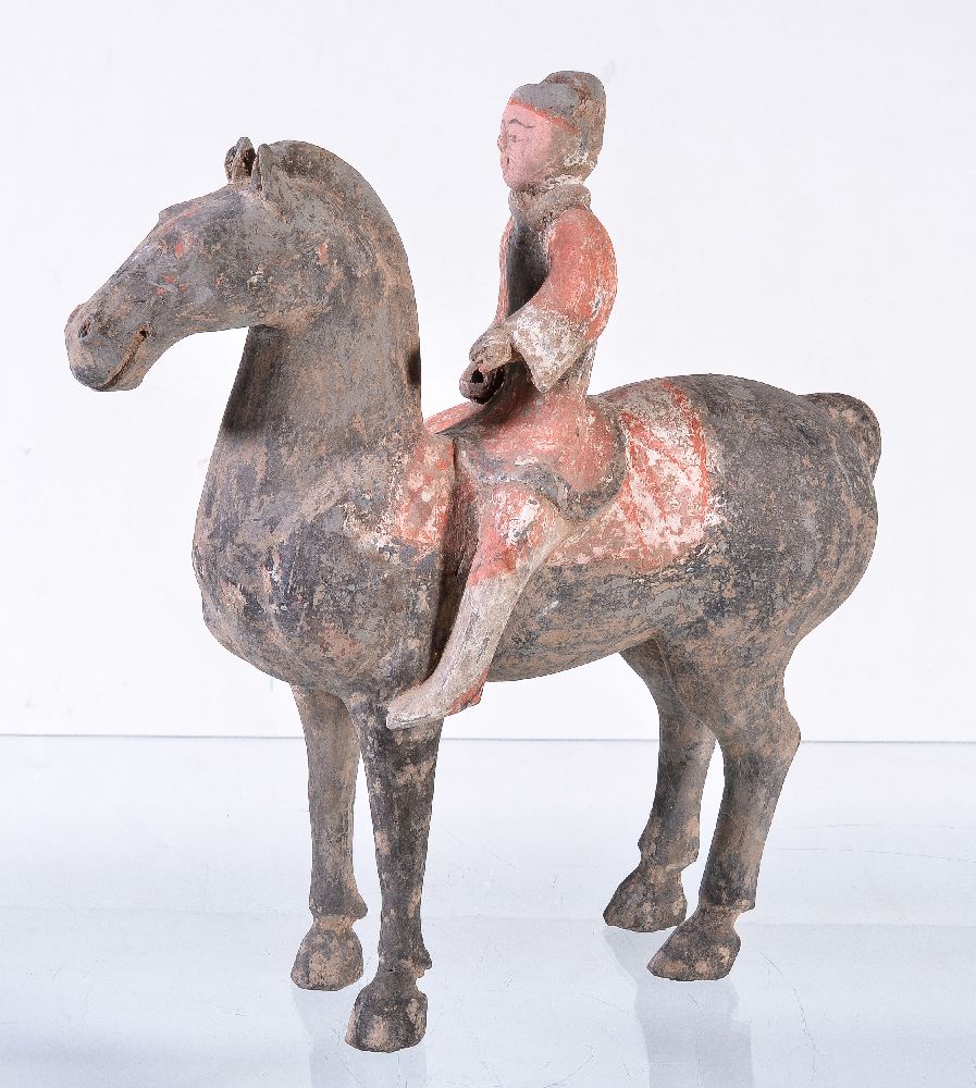 Six Chinese painted grey pottery Equestrian groups, Han Dynasty, standing four square with heads - Image 2 of 5