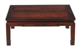 A Chinese Huanghuali low table, Kangzhou, probably Qing Dynasty, 19th century, of rectangular form