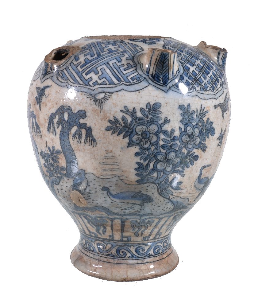 A Safavid blue and white pottery tulip vase, Persia, 17th Century, of baluster form with a central - Image 3 of 6