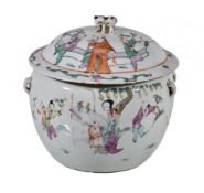 A Chinese Famille Rose covered bowl, late 19th century, decorated with polychrome figures, the