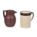 Two items of English dry-bodied stoneware, comprising: an S. Hollins red stoneware jug sprigged with