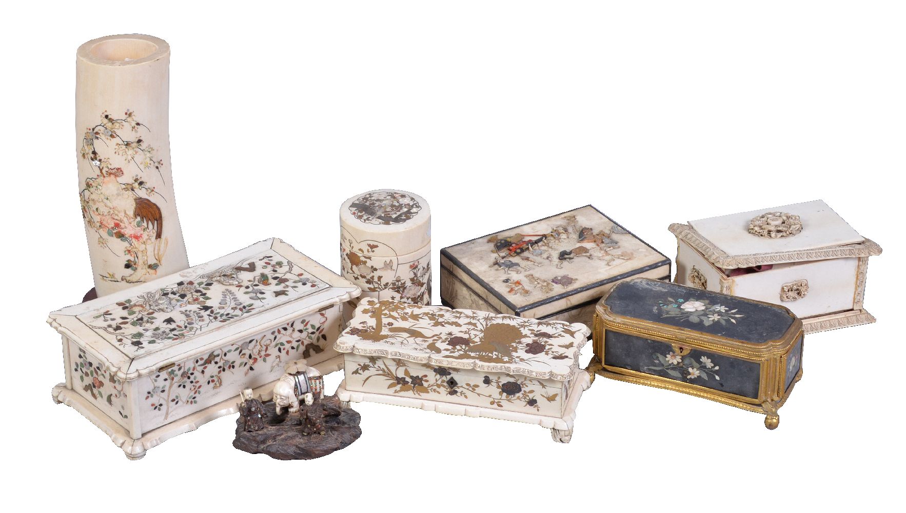 Y A large quantity of damaged Shibayama and carved ivory, comprising: three boxes and covers, 30cm