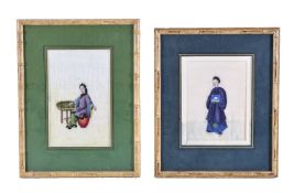 Two Chinese Rice-Paper Drawings, framed and glazed: a Japanese Embroidered Picture, of a silvery