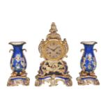 A Charles X/Louis-Philippe Paris porcelain (Ed. Honoré) blue-ground and gilt clock garniture,