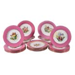 An English porcelain pink-ground part dessert service painted with flowers, circa 1860,