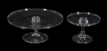 An English glass small tazza or stand, mid 18th century; the galleried round tray top supported on