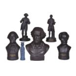 Six Wedgwood mostly modern black basalt busts and figures, comprising: three various busts,