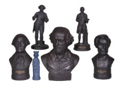 Six Wedgwood mostly modern black basalt busts and figures, comprising: three various busts,