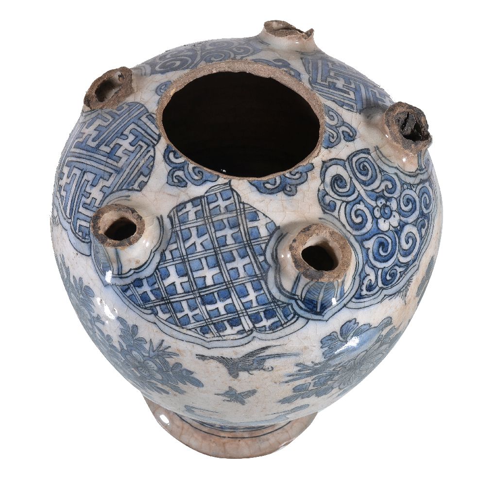 A Safavid blue and white pottery tulip vase, Persia, 17th Century, of baluster form with a central - Image 2 of 6