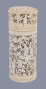 Y A Cantonese ivory openwork container and cover, Qing Dynasty, 19th century, of cylindrical