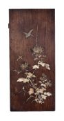 Y A Japanese Wood Panel, of rectangular form decorated with inlaid bone, abalone shell and ebony