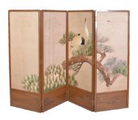 A Japanese Four-Fold screen, the pale wood support pierced along the lower register with stylised