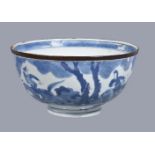 A Chinese blue and white bowl, circa 1650, decorated in cobalt blue with a hunting scene depicting