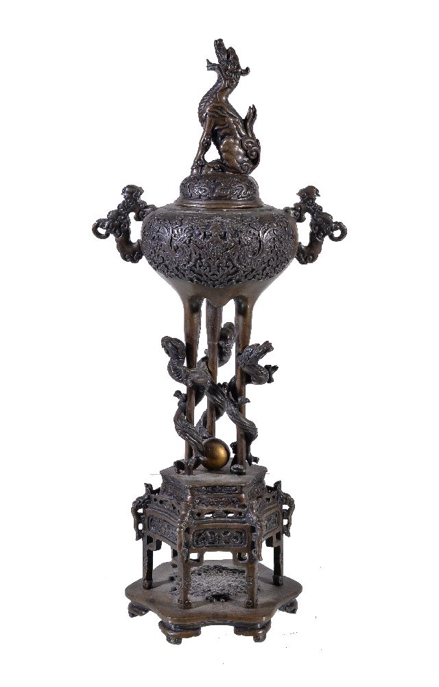 A Japanese cast bronze censor, the globular body of the vessel supported on tripod legs around which