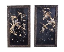 Y A pair of black lacquer Panels, inlaid in bone and abalone shell with pigeons and insects around