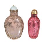 A Chinese ruby-red glass scent bottle and stopper, the lobed body incised with characters