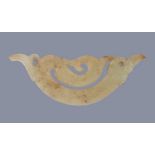A small celadon jade Archaistic pendant, in Warring States style, well carved, 8.4cm long x 3cm high