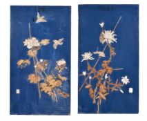 Y A pair of blue Lacquer Panels, each of rectangular form inlaid in bone and ebony with sparrows