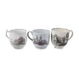 Three various Worcester transfer printed coffee cups, various dates, 1760-80, comprising: a puce