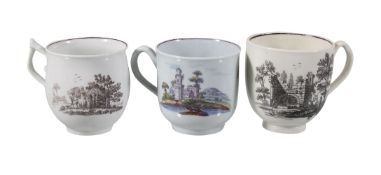 Three various Worcester transfer printed coffee cups, various dates, 1760-80, comprising: a puce