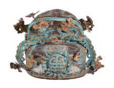 A Chinese marriage headdress, possibly an Opera prop, with turquoise ribbon and gilded details, 21cm