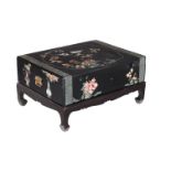 A Chinese coromandel lacquer box on stand, modern, the top with a cartouche filled with birds