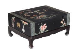 A Chinese coromandel lacquer box on stand, modern, the top with a cartouche filled with birds