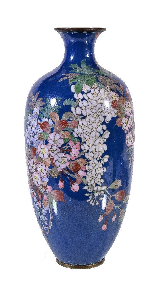 A Japanese cloisonné enamel vase, of ovoid form with a waisted neck and flared mouth, decorated on - Image 2 of 5
