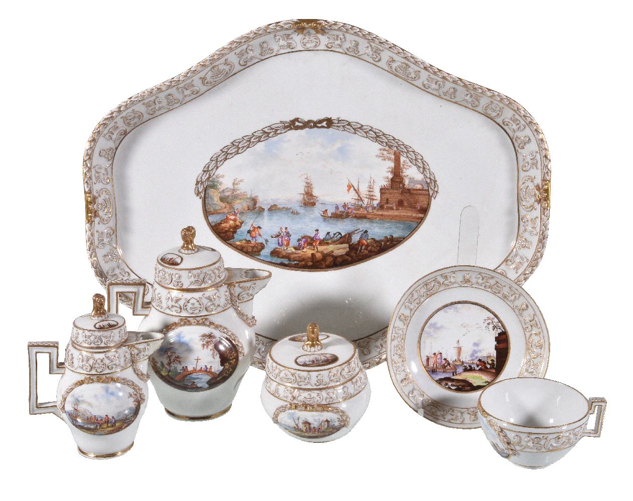 A Dresden porcelain solitaire coffee service, late 19th century, painted in the eighteenth century