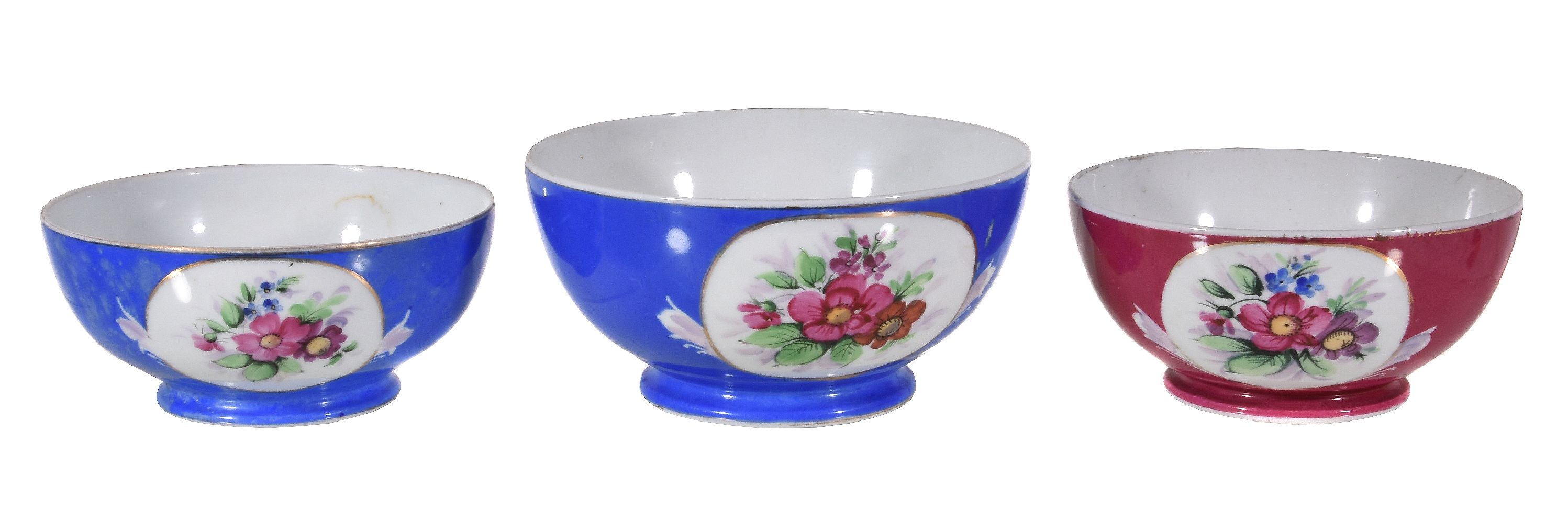 Three Moscow porcelain (Gardner) slop bowls, late 19th century, typically painted with flowers, - Image 2 of 2