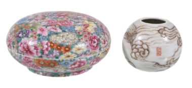 A Chinese Famille Rose Mille Fleurs box and cover, naturalistically enamelled with a mixed
