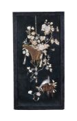 Y A Black Lacquer Japanese Panel, of rectangular form decorated in abalone shell, bone and lacquer